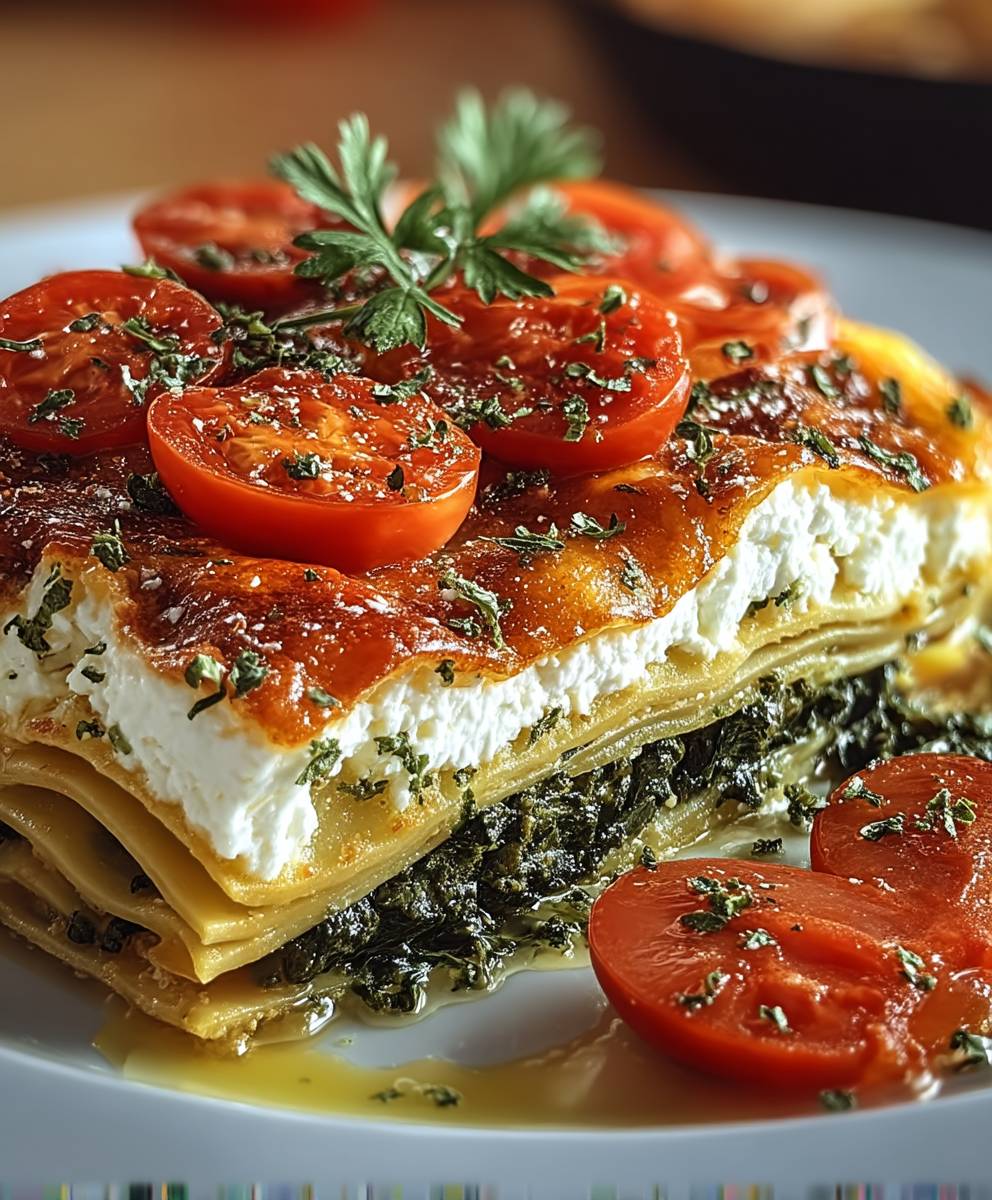Spinatlasagne Feta Tomaten vegetarisch