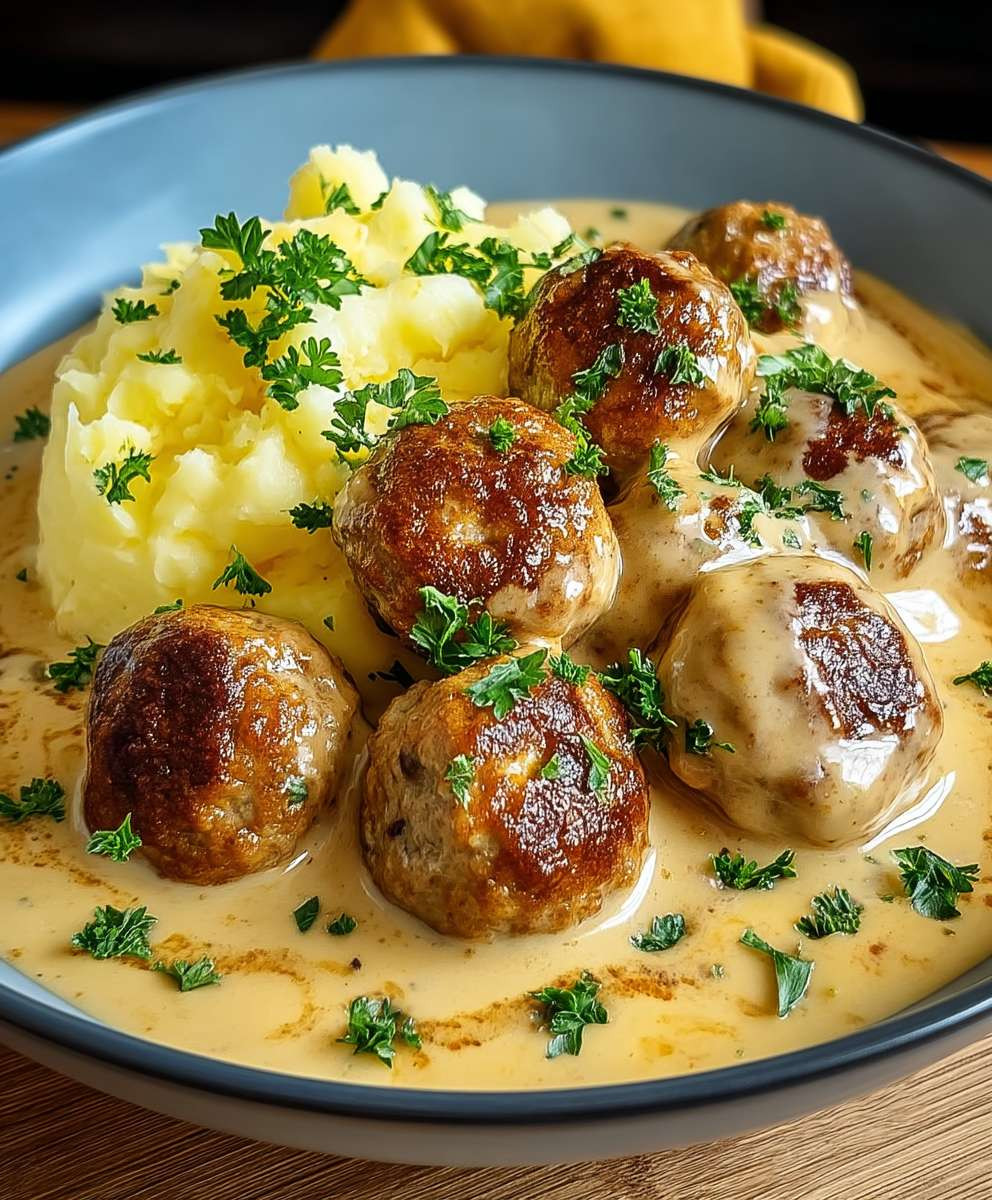 Hackbällchen cremiger Sauce Kartoffelpüree
