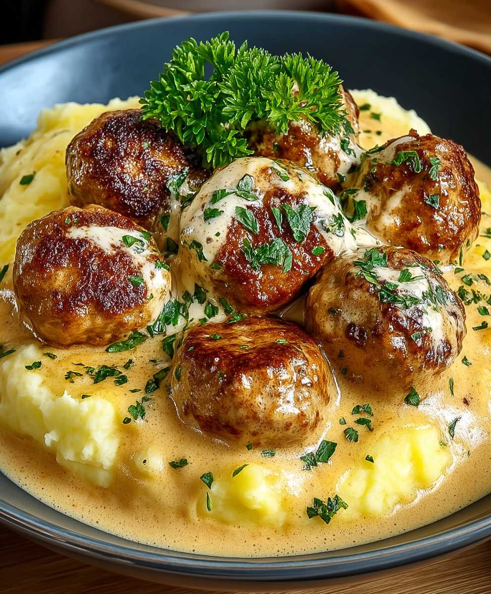 Hackbällchen cremiger Sauce Kartoffelpüree