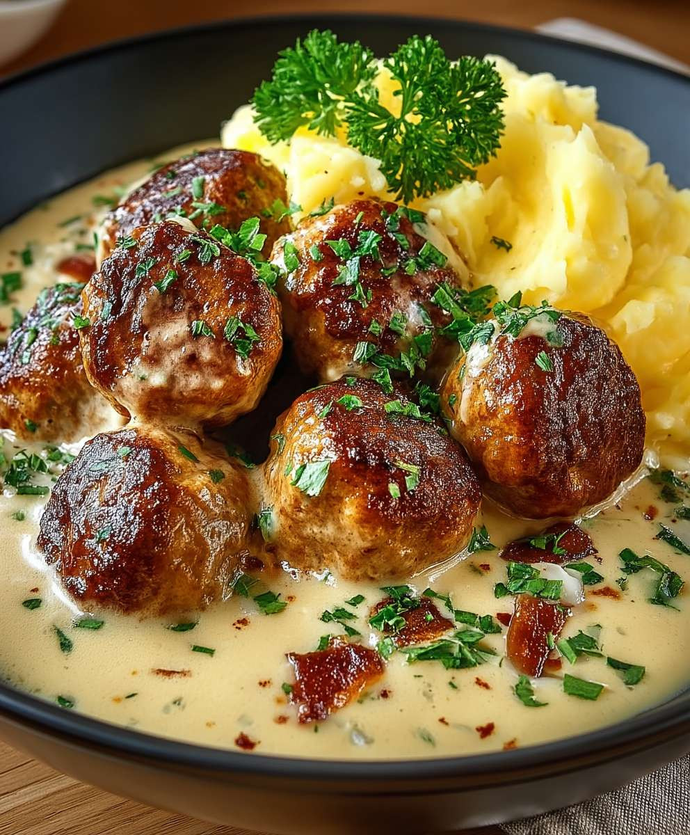 Hackbällchen cremige Sauce Kartoffelpüree