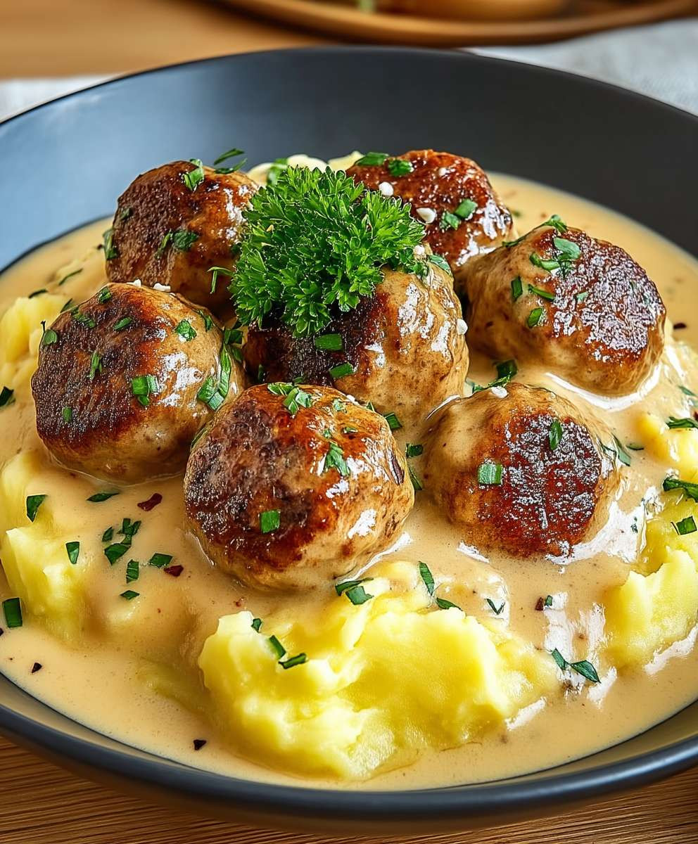 Hackbällchen cremige Sauce Kartoffelpüree