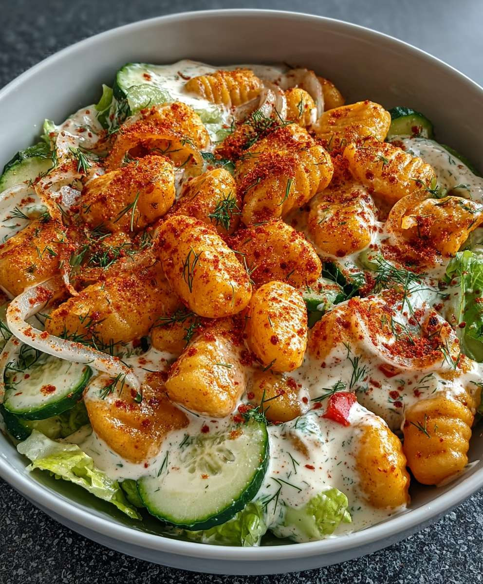 Knuspriger Gnocchi Salat Joghurt Dressing