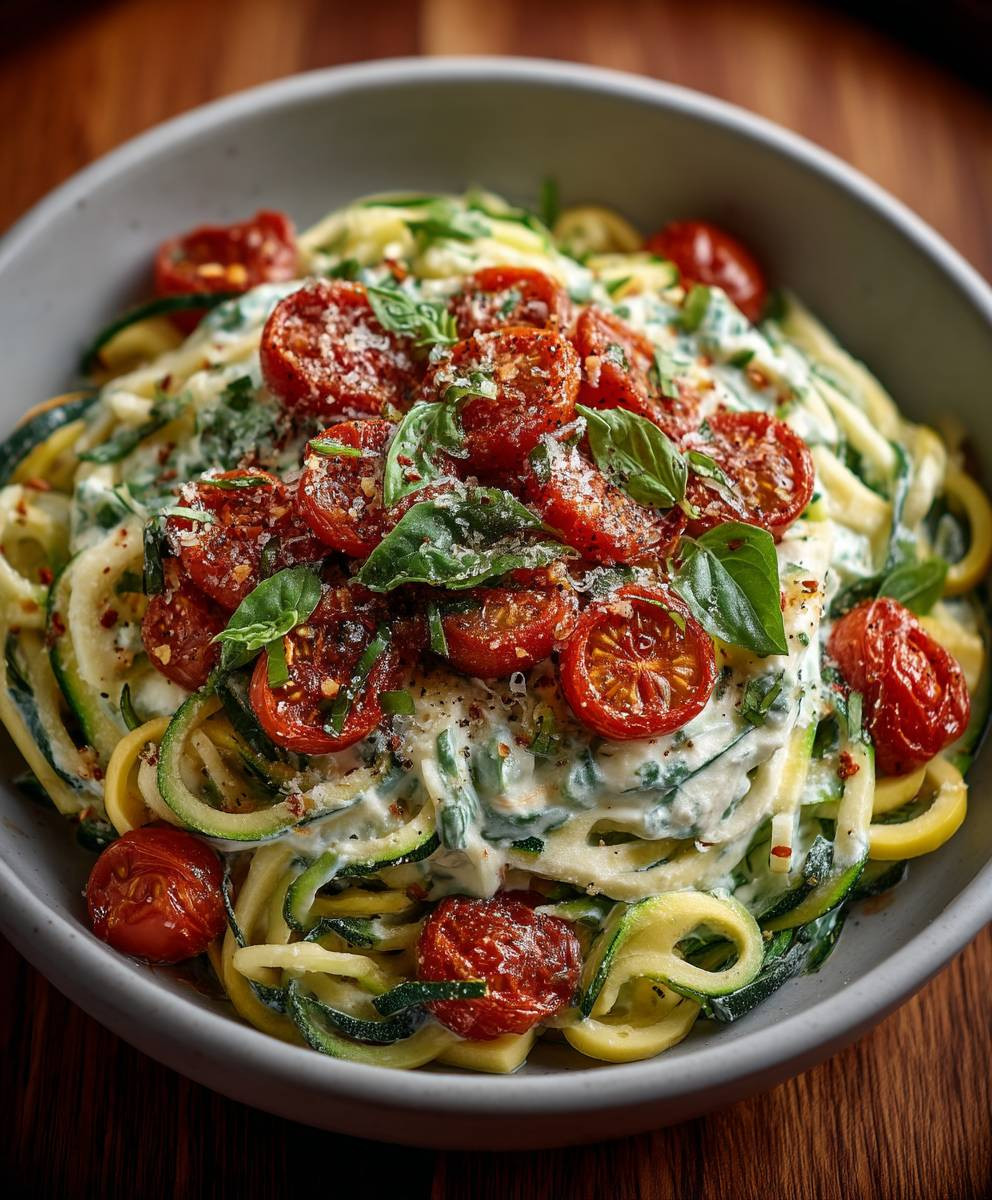 Zucchininudeln mit Frischkäse Tomaten