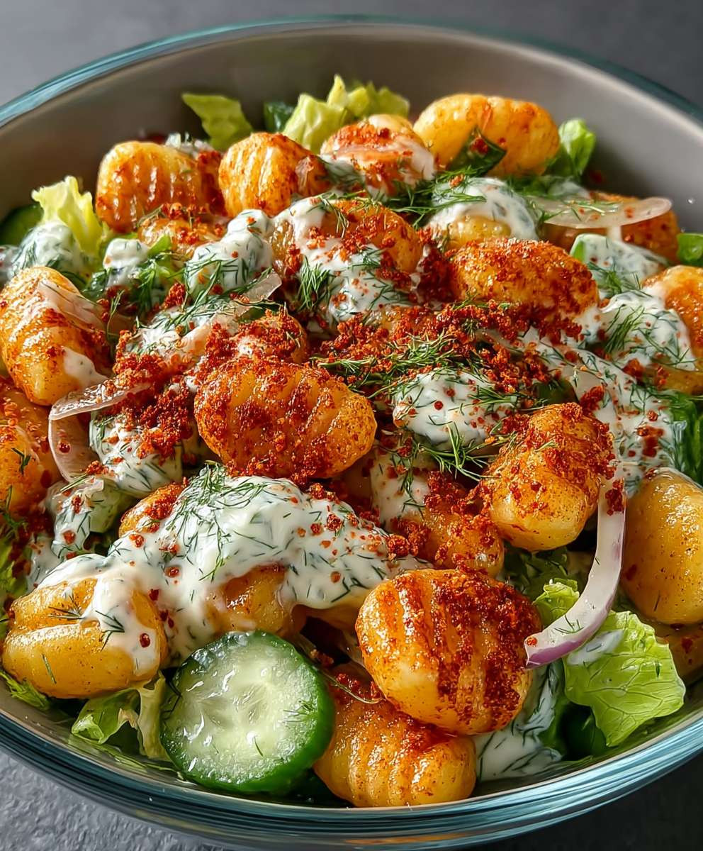Knuspriger Gnocchi Salat Joghurt Dressing
