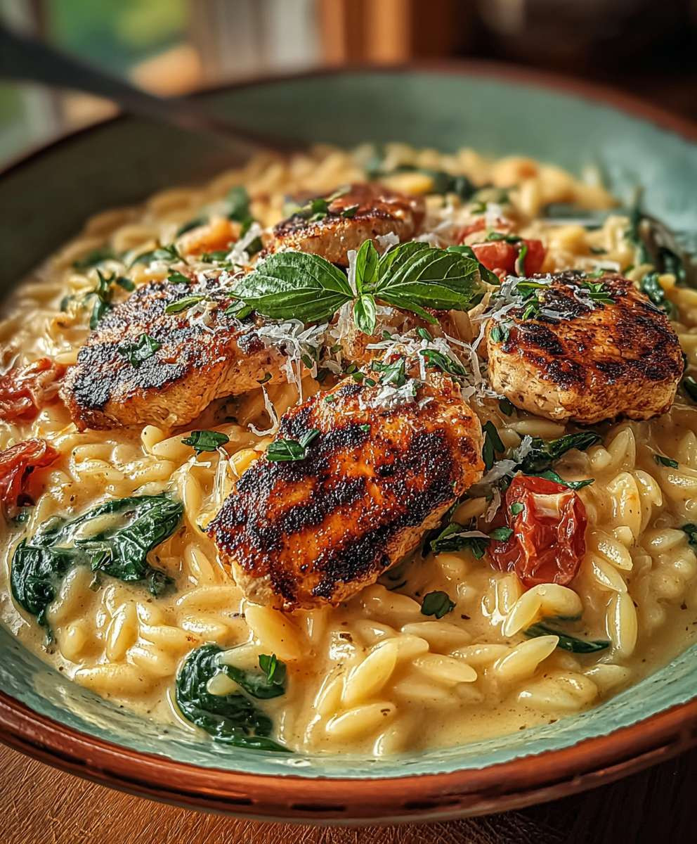 Cremige Orzo Pfanne mit Hähnchen