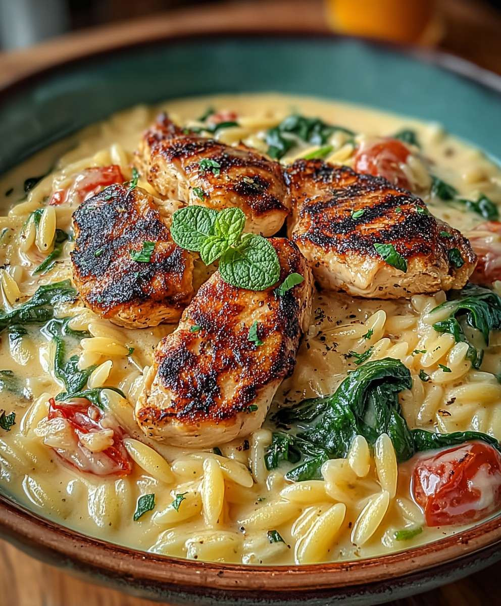 Cremige Orzo Pfanne mit Hähnchen