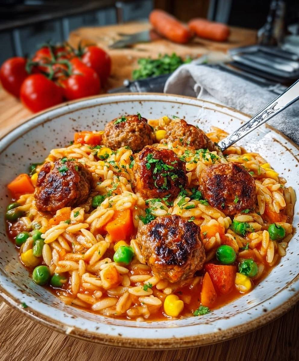 Orzo Pfanne mit Hackbällchen