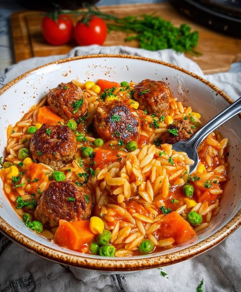 Orzo Pfanne mit Hackbällchen