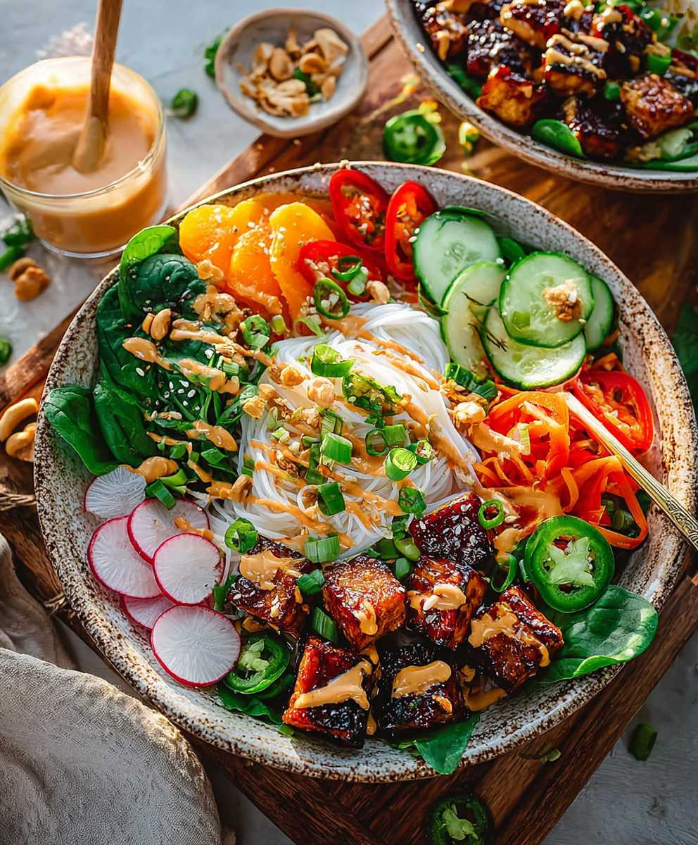 Reisnudel Bowl Tempeh Erdnusssauce