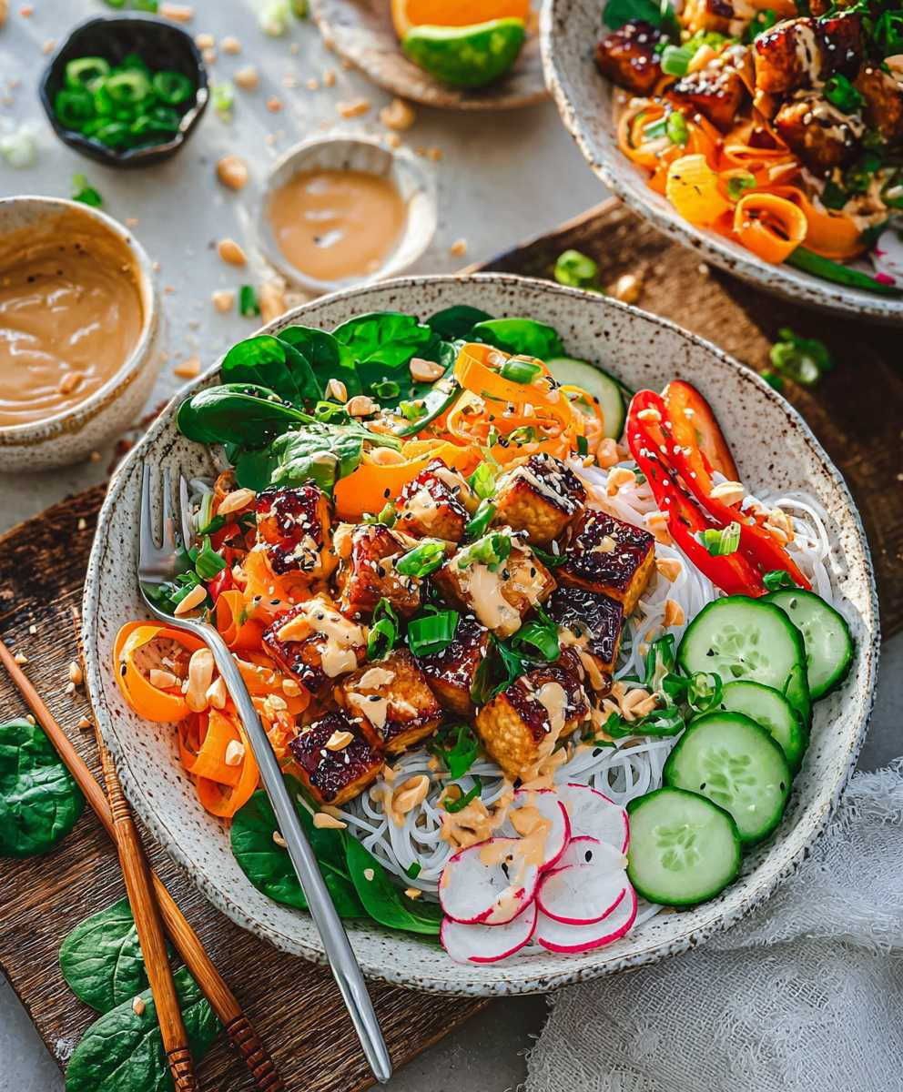 Reisnudel Bowl Tempeh Erdnusssauce