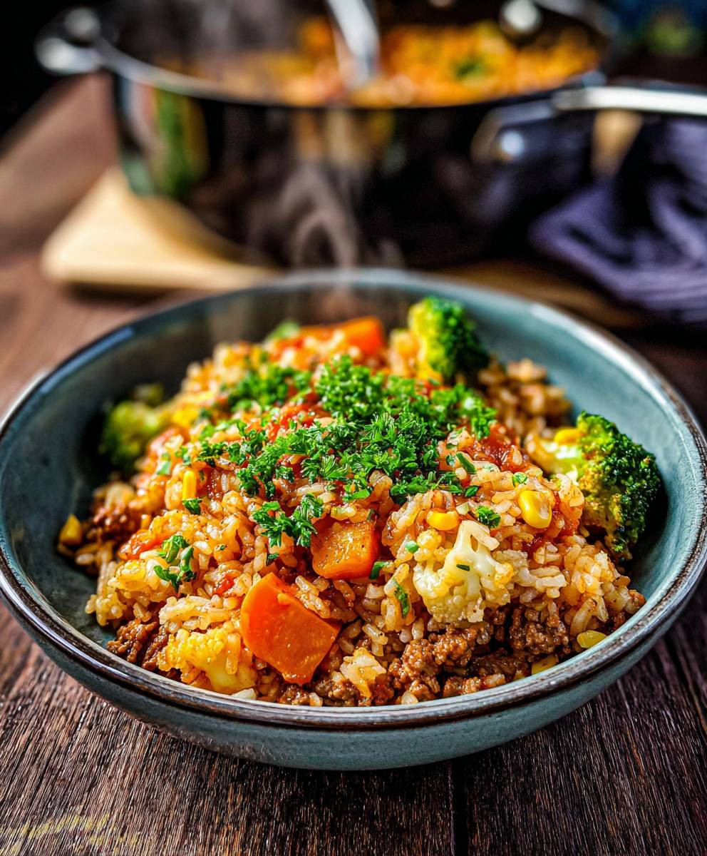 Reis Hackfleisch Pfanne Ajvar