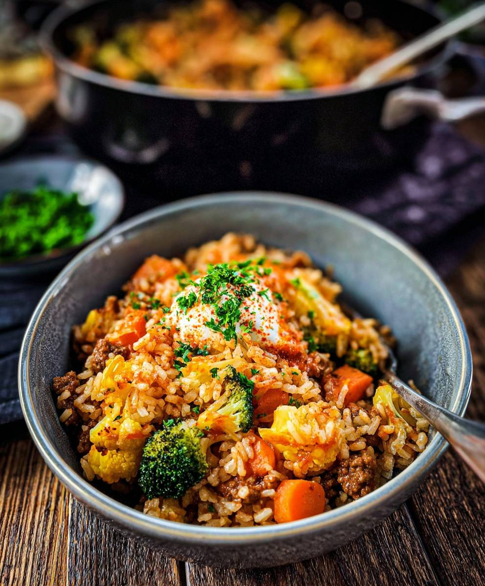 Reis Hackfleisch Pfanne Ajvar