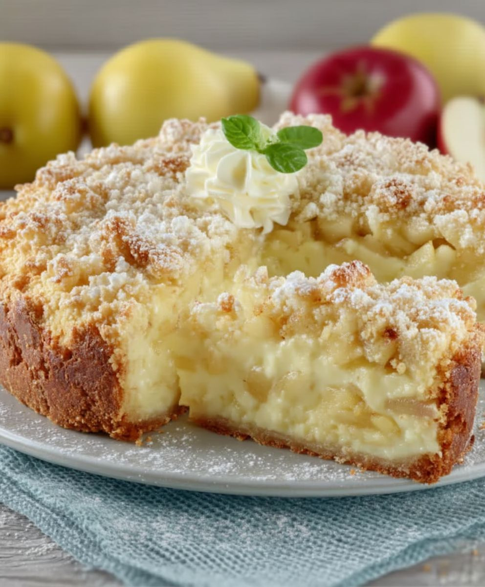 Apfel Streuselkuchen mit Pudding