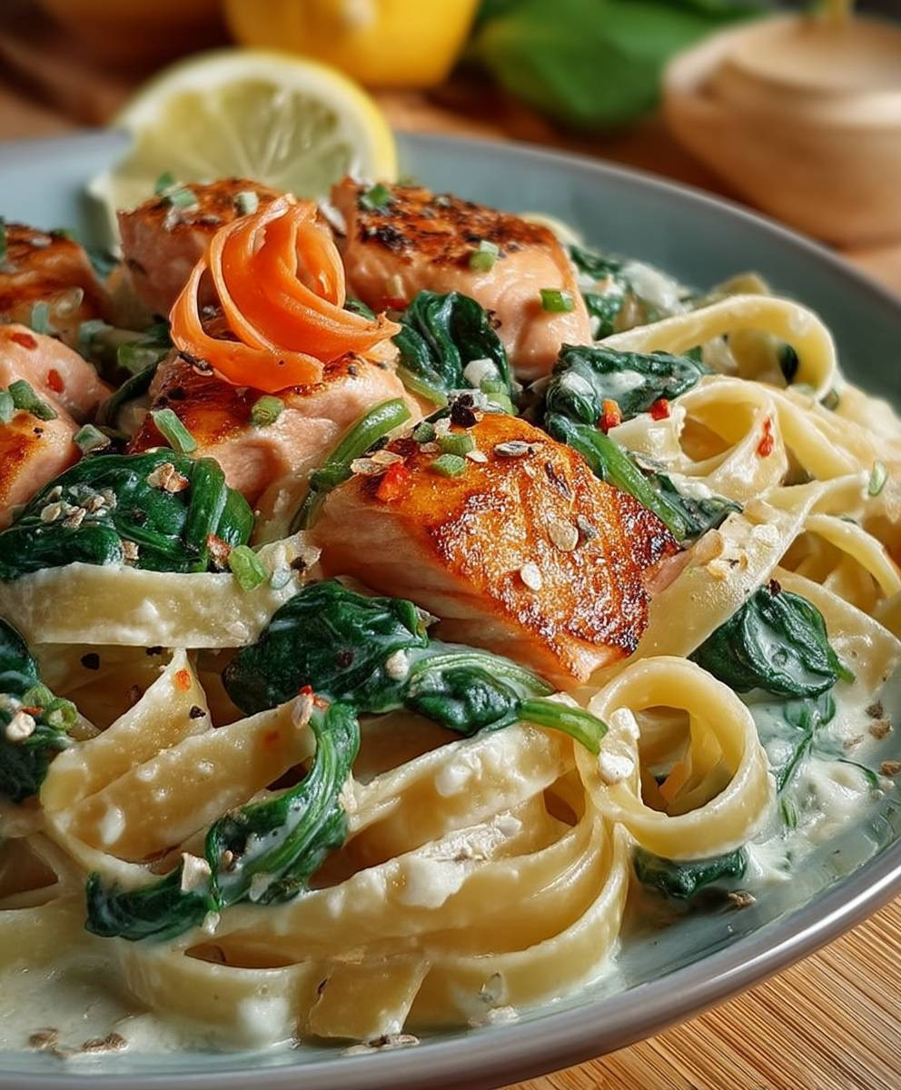 Lachs Sahne Soße Spinat Nudeln