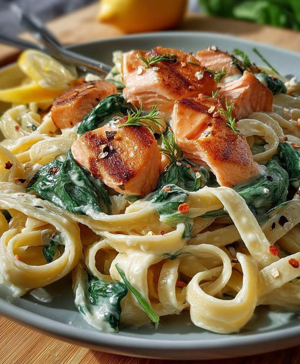 Lachs Sahne Soße Spinat Nudeln