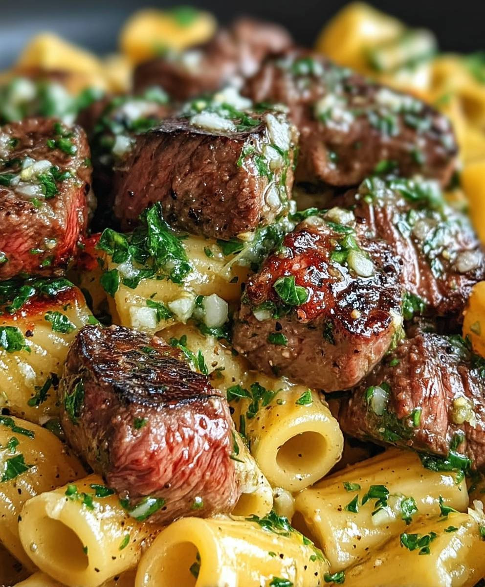 Knoblauchbutter Steakspitzen Rigatoni