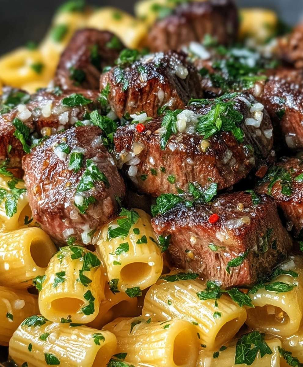 Knoblauchbutter Steakspitzen Rigatoni