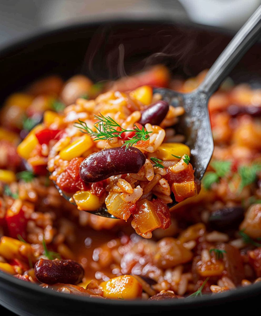 Vegetarische Reispfanne Kidneybohnen Mais